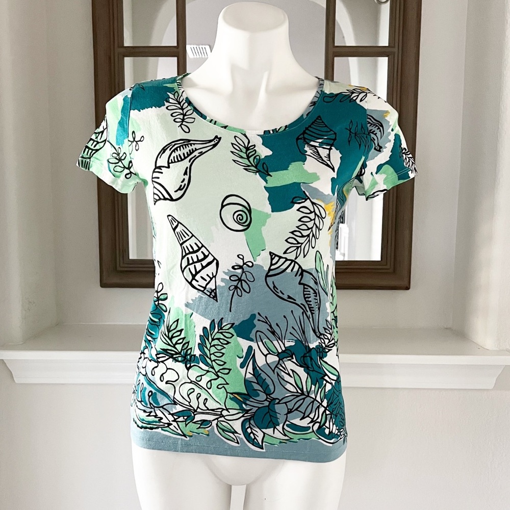 Ann Taylor Crew Neck Top Cotton Marine Green Multi Short Sleeve Size S NEW - Picture 9 of 9